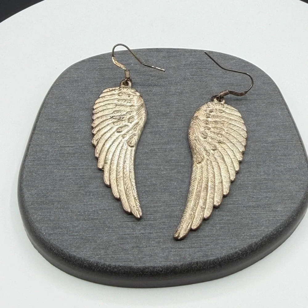 Gold Tone Angel Wing Feather Long Dangle Drop Earrings Boho Statement Jewelry